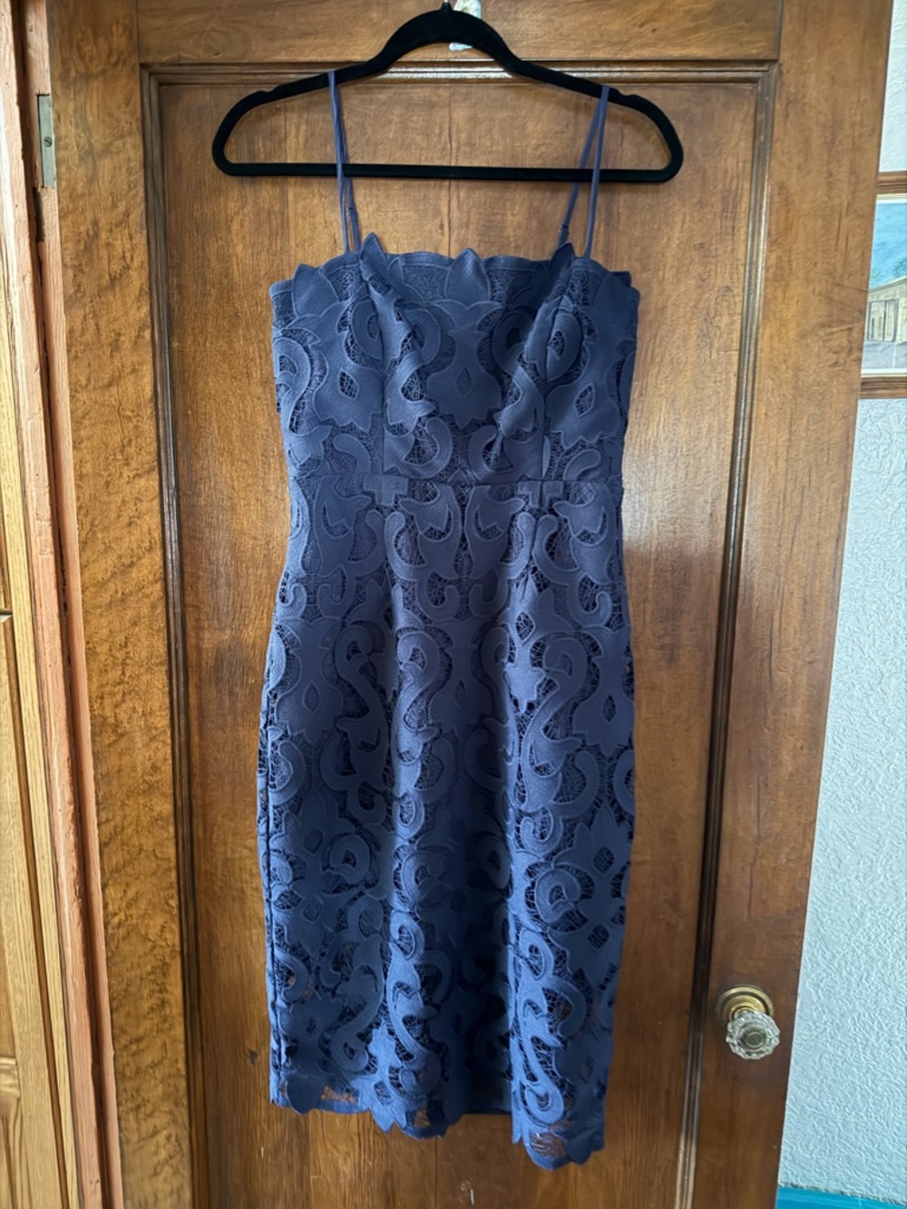 Bardot Navy Lace Midi Dress with Spaghetti Straps